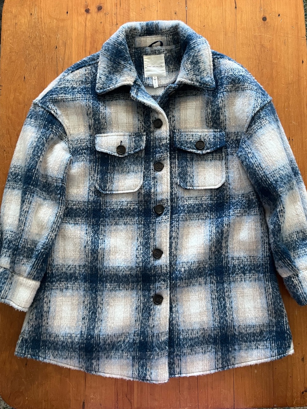 Anthropologie Avec Les Filles Blue Cream Plaid Shacket Autumn Layer Cottagecore